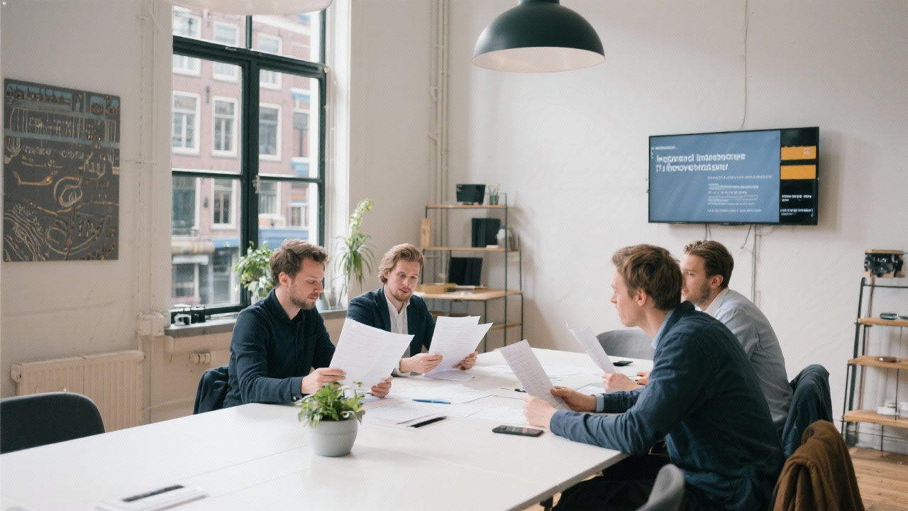 Historic Amsterdam canal house converted into modern innovation workspace with founders collaborating over strategy documents in a bright meeting room.