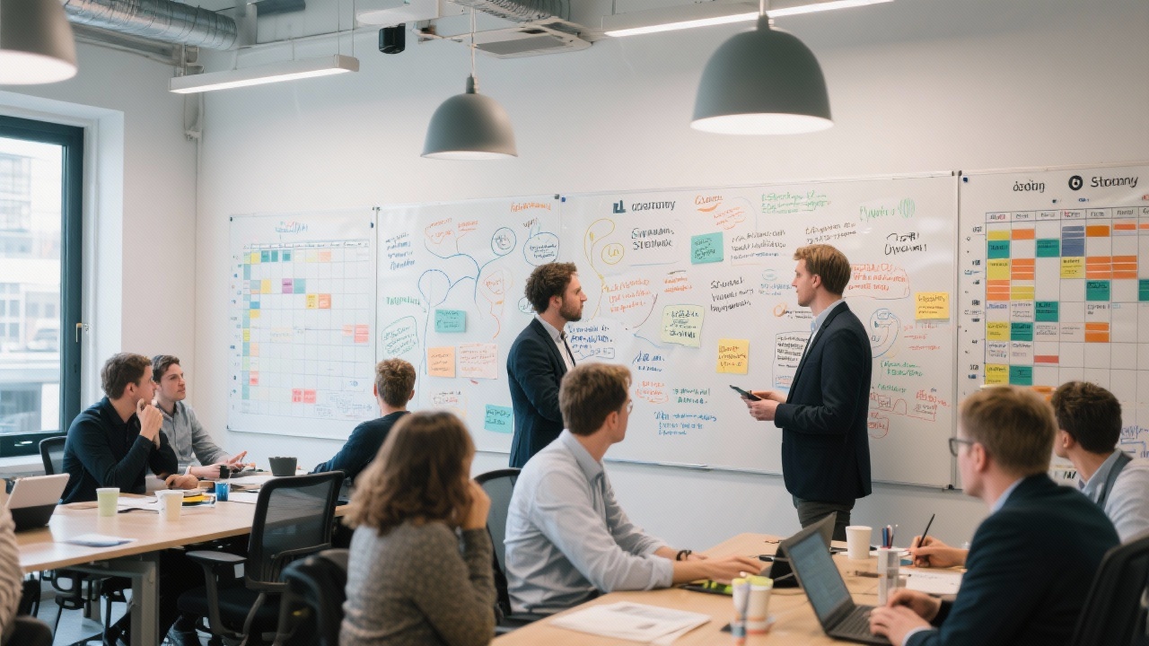 Collaborative strategy lab with whiteboards full of customer insights, agile sprint boards, and consultants aligning priorities in Amsterdam office.