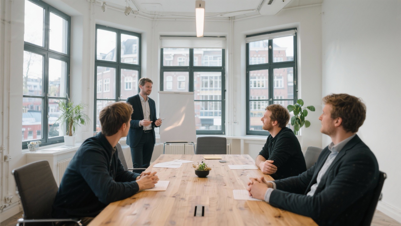 Bright Amsterdam meeting space with large windows, consultant greeting founders preparing for strategy session around a wooden table.