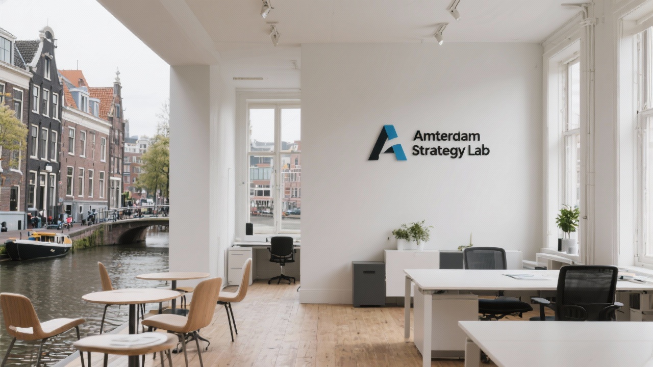 Interior view of Amsterdam canal house office with minimalist furniture, collaborative workstations, and branded signage indicating Amsterdam Strategy Lab presence.