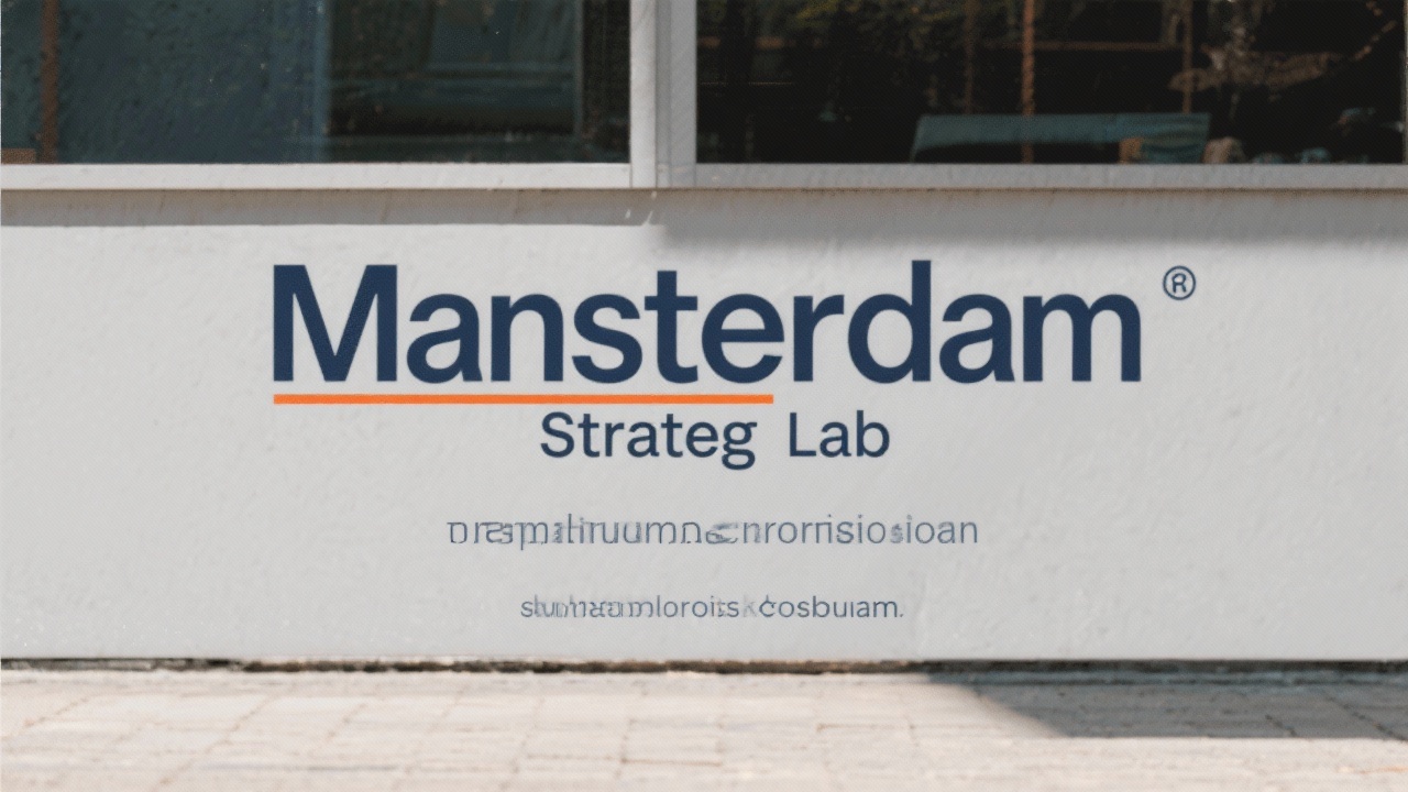 Minimalist Amsterdam Strategy Lab footer wordmark with navy typography and orange underscore conveying professional yet approachable consulting identity.