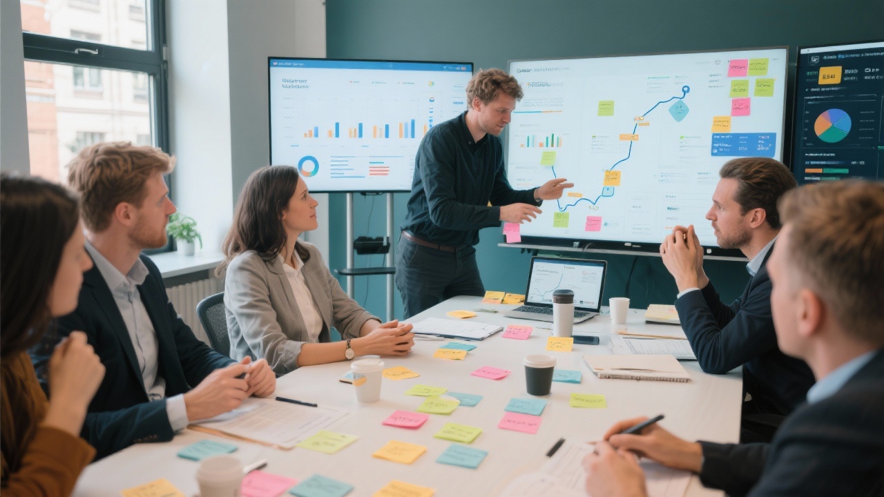 Consultancy team facilitating strategy workshop with sticky notes, digital dashboards, and founders aligning on roadmap in modern Amsterdam office.